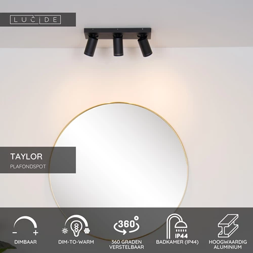 Lucide TAYLOR - Plafondspot Badkamer - LED Dim to warm - GU10 - 3x5W 2200K/3000K - IP44 - Zwart - USP